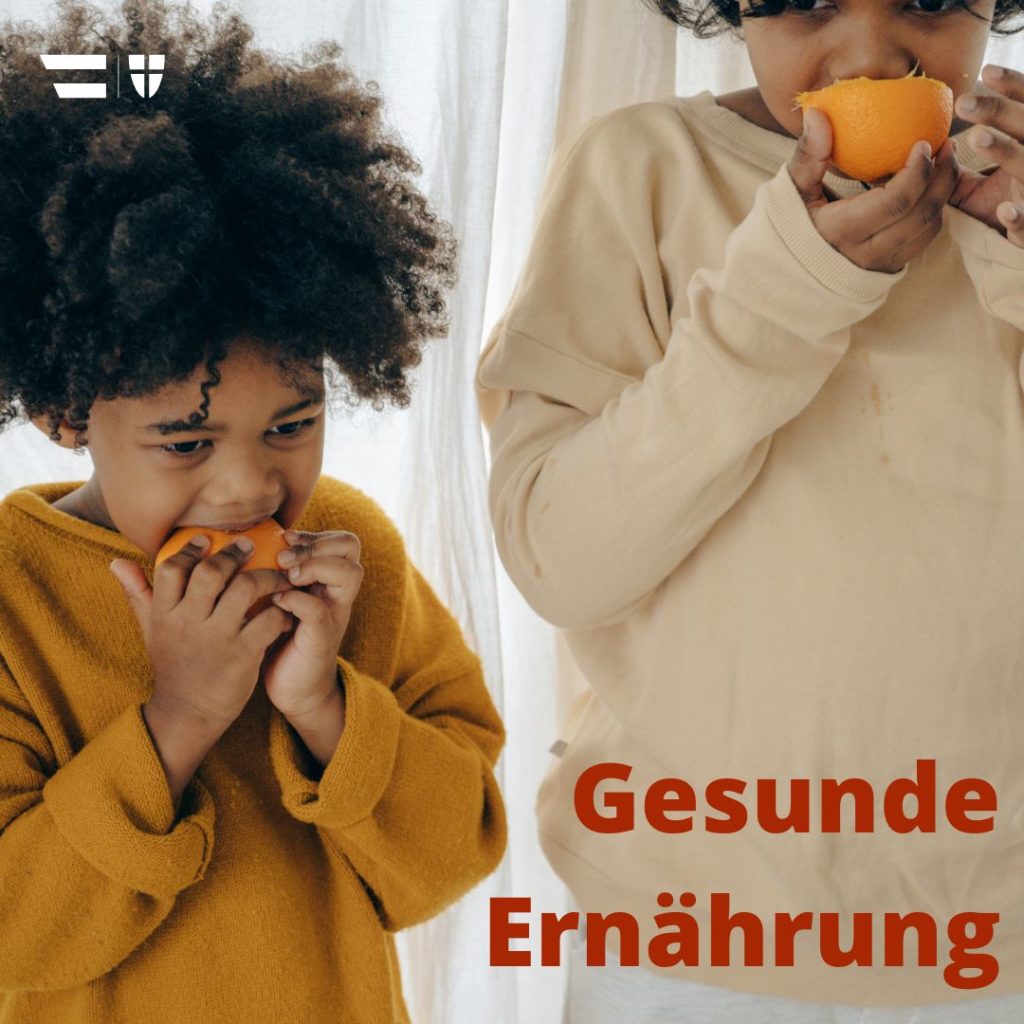 Titel: Gesunde Ernährung Bild: zwei Kinder essen Orangen