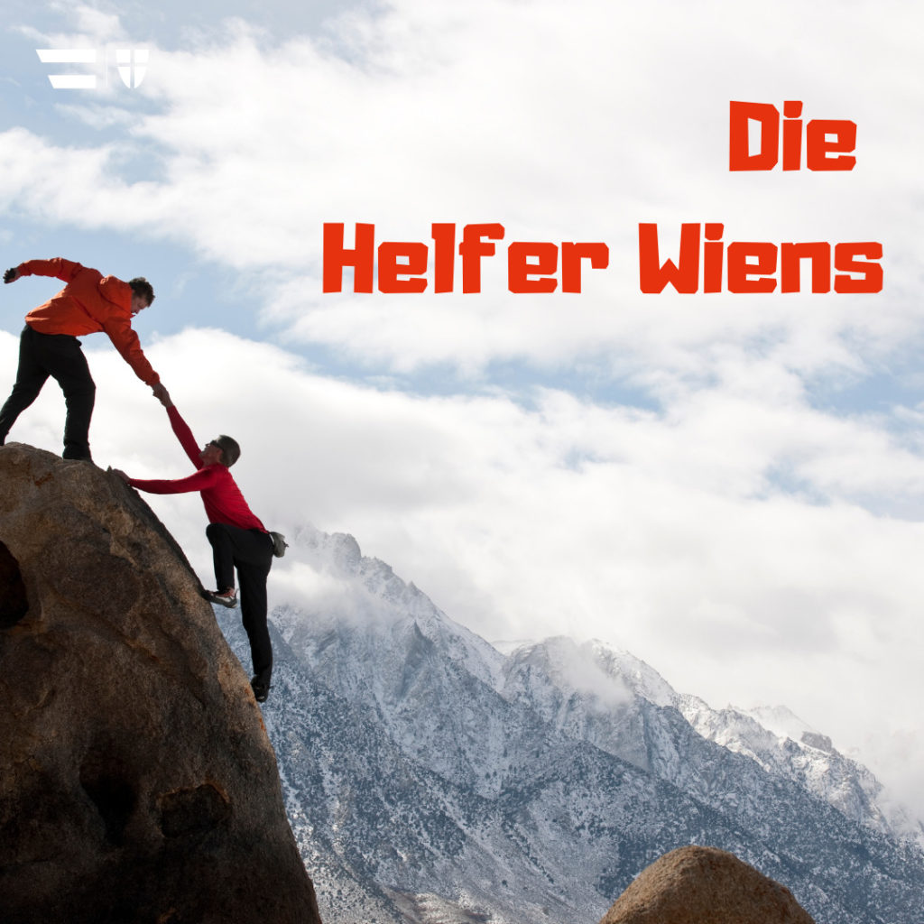 Bild: Berg und zwei Personen - eine Person hilft der anderen hinauf zu klettern Text: Die Helfer Wiens